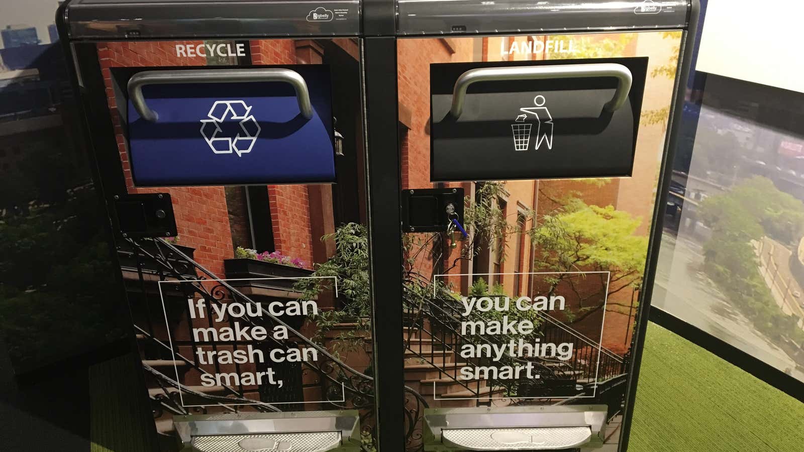 These garbage cans from Big Belly Solar and Verizon are actually solar-powered trash compactors.