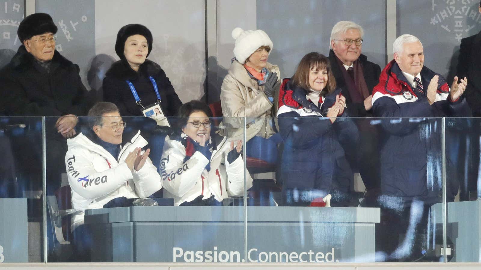 Kim Yo-Jong, the sister of North Koreas leader Kim Jong-un, is seated near US vice president Mike Pence.