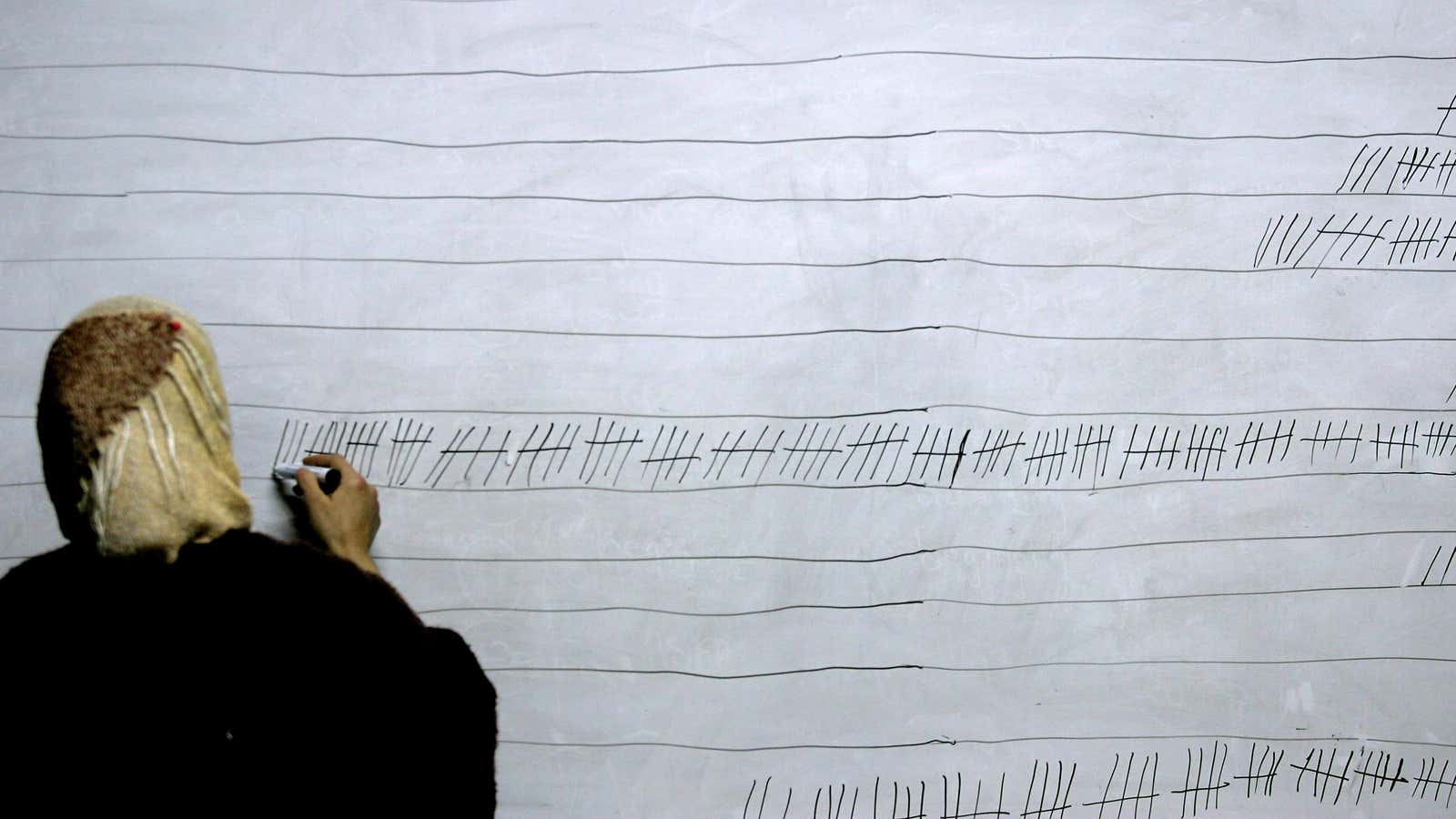 A Palestinian election worker counts votes on a board at a polling station in the West Bank city of Ramallah January 25, 2006. No party is likely to win a majority of seats in the new Palestinian parliament, making it theoretically possible that Hamas could form the next government, a leading pollster said on Wednesday. REUTERS/Stoyan Nenov – RP3DSFDRPIAC