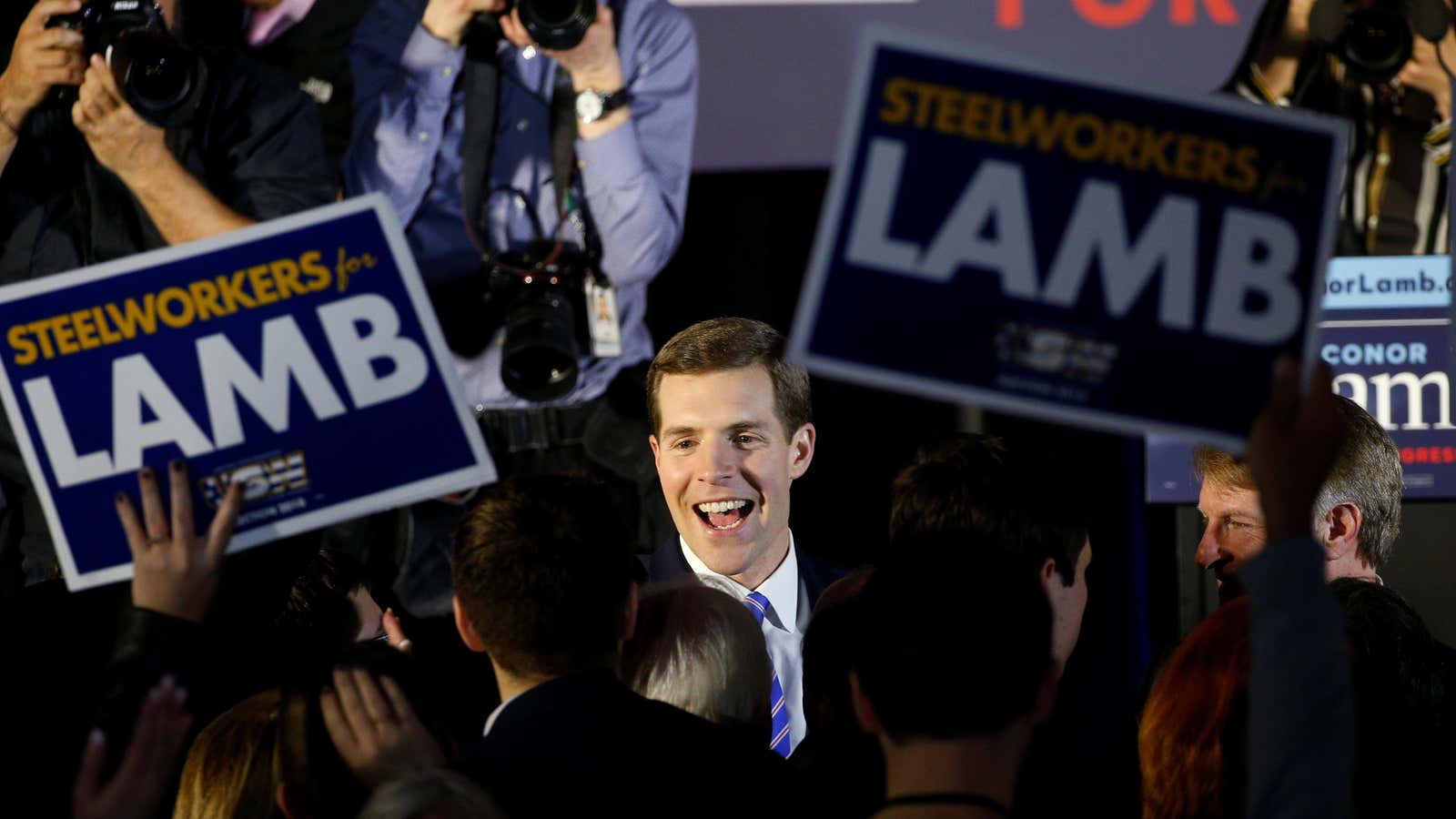 U.S. Democratic congressional candidate Conor Lamb is greeted by supporters during his election night rally in Pennsylvania’s 18th U.S. Congressional district special election against Republican…