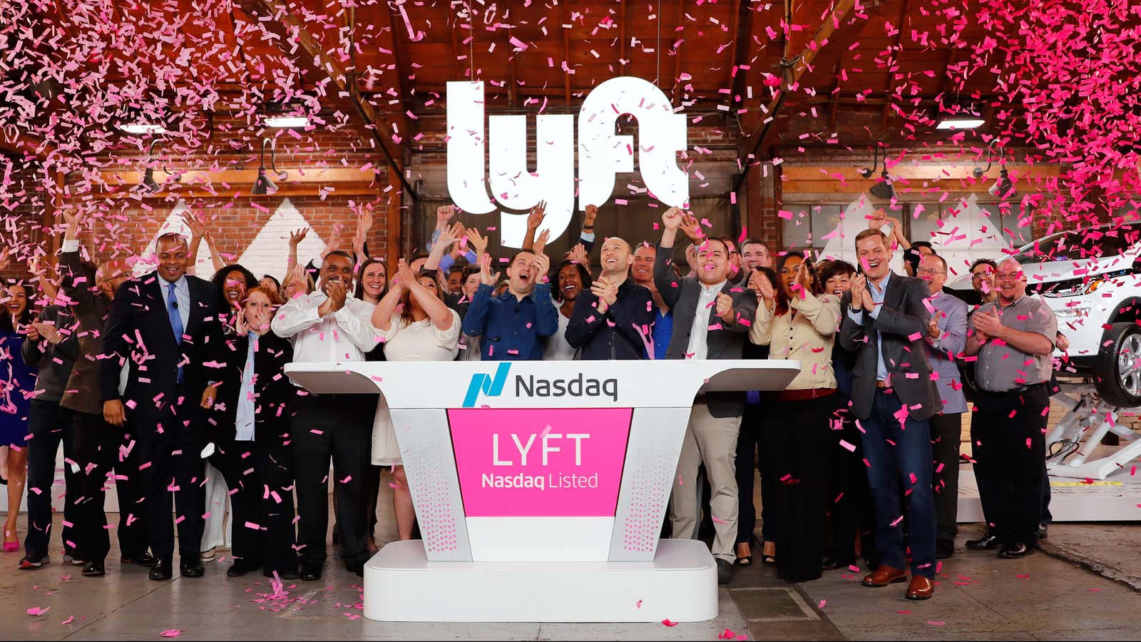 Lyft executives celebrate the company’s IPO at a party in Los Angeles.