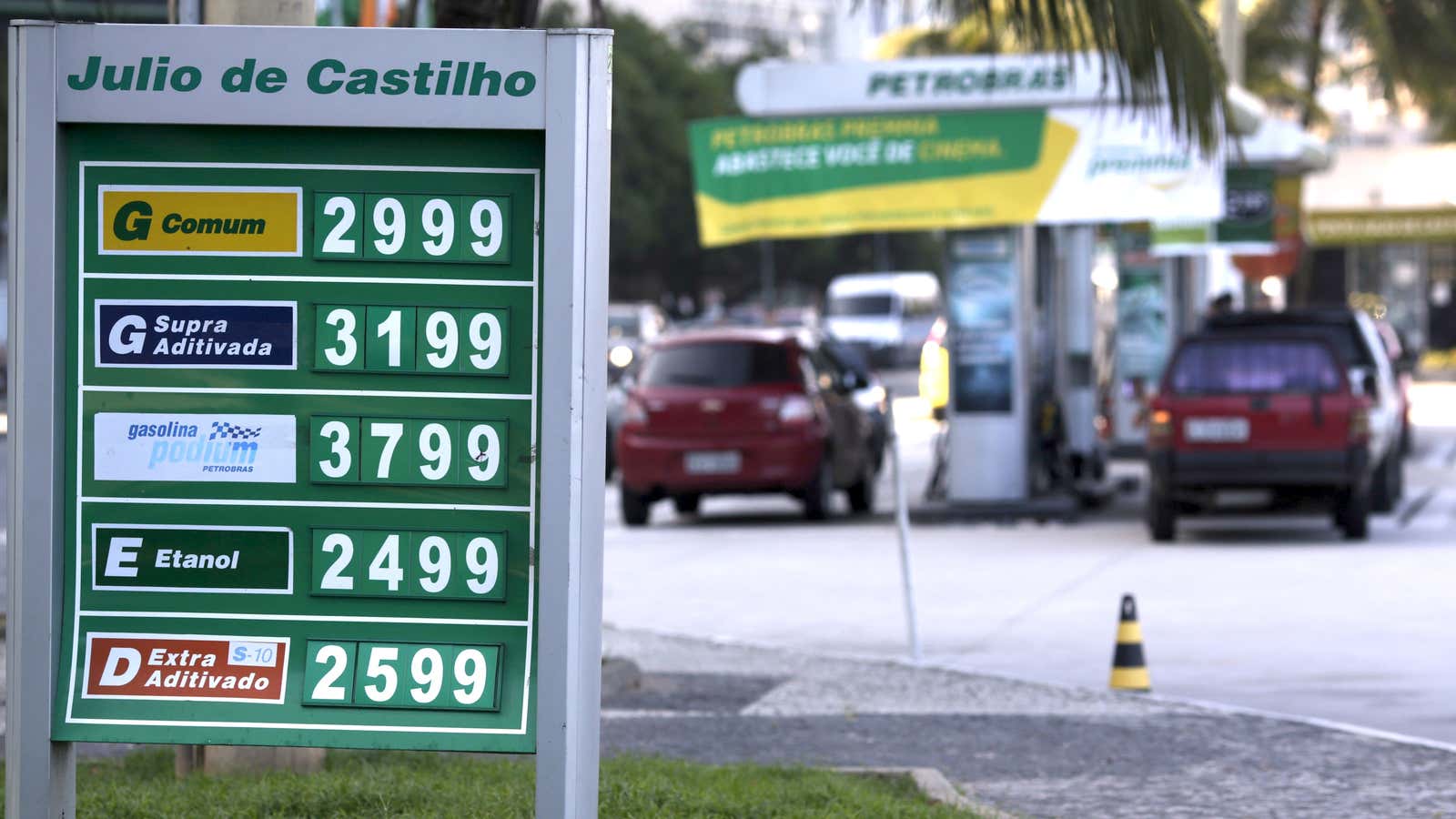 A sign displays gas and ethanol prices at a Brazilian Petrobras station.