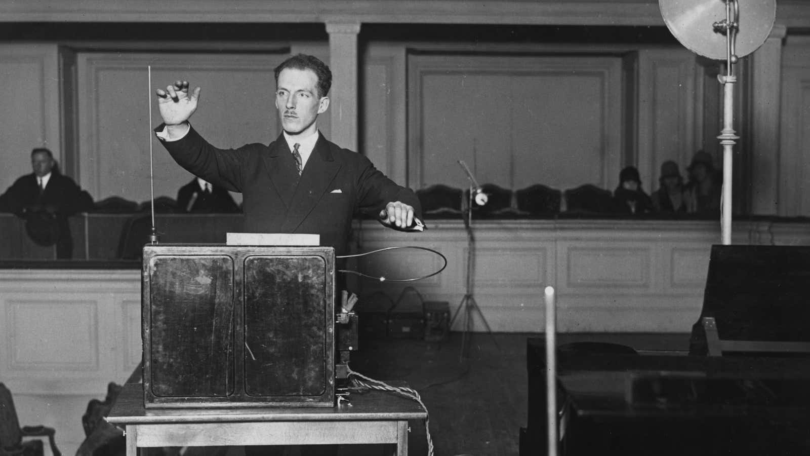 Russian engineer Professor Leon Theremin performs on his invention, the ‘Thereminvox, New York, New York, 1920s or 1930s. (Photo by Soibelman Syndicate/Visual Studies Workshop/Getty Images)