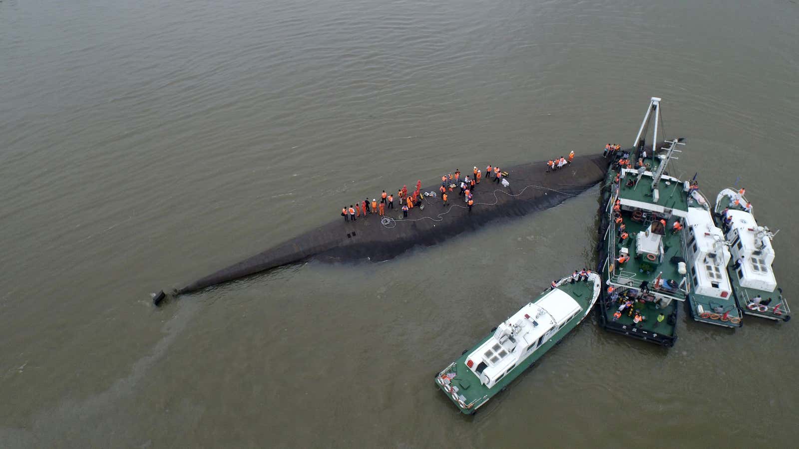 An aerial view of rescue workers searching a cruise ship that capsized on the Yangtze River on June 1st.