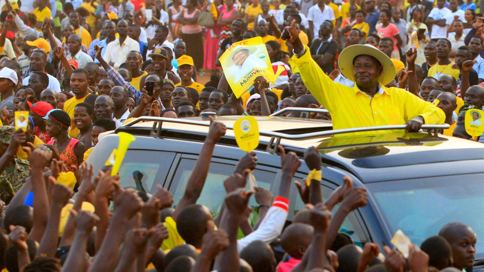 Uganda’s President Yoweri Museven waves to his supporters.
