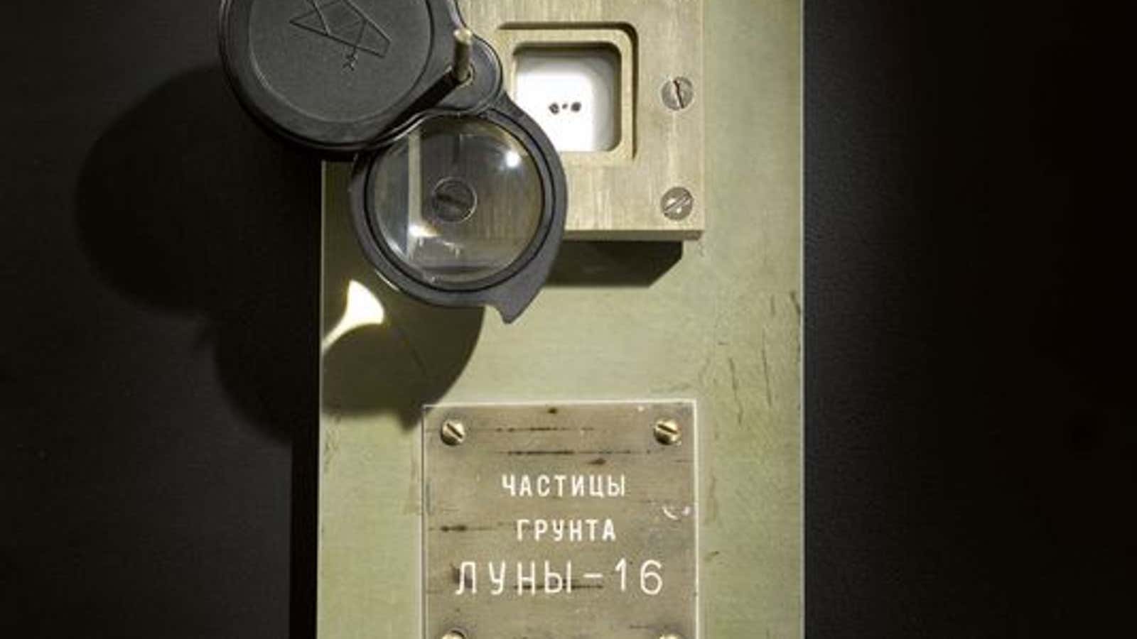 Soviet lunar samples held inside a special viewing case.