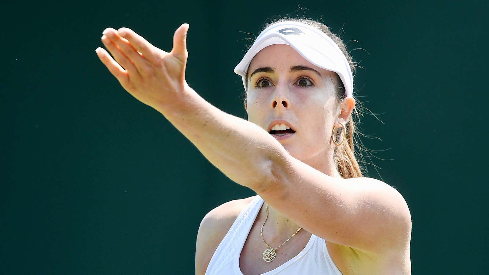 France’s Alize Cornet protests an umpire’s call at Wimbledon in July.