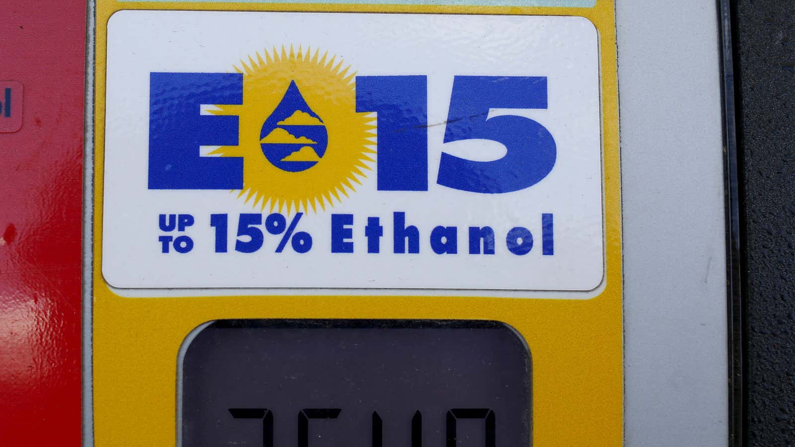 A gas pump cheerily advertises E15 gas, which it clarifies contains “up to 15% ethanol.”