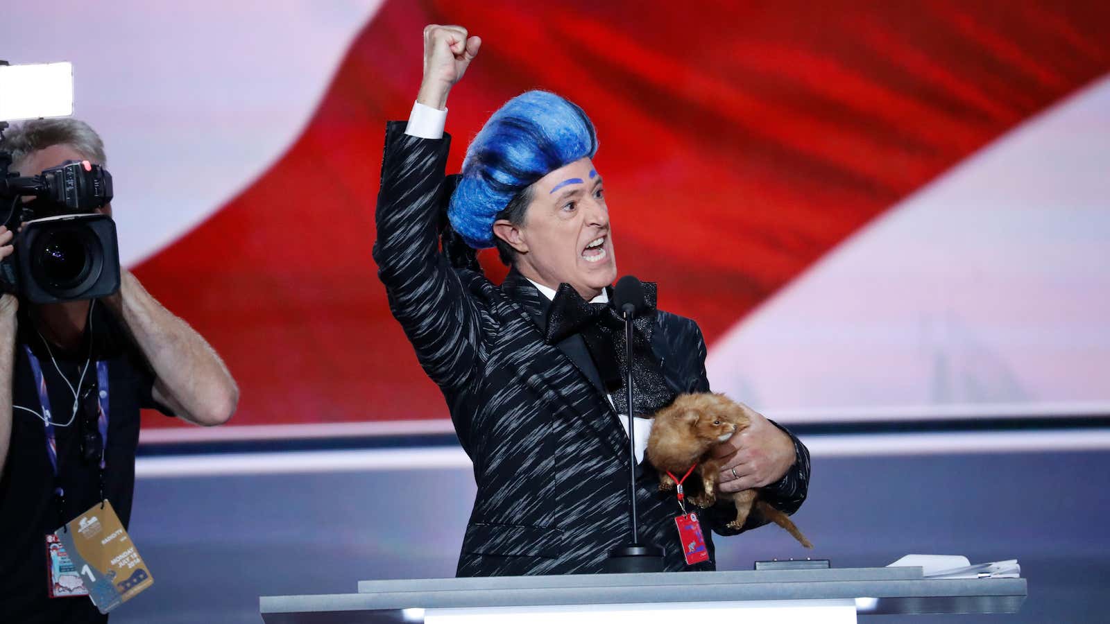 Comedian Stephen Colbert kicks off the Republican National Convention with a “Hunger Games”-style prank.