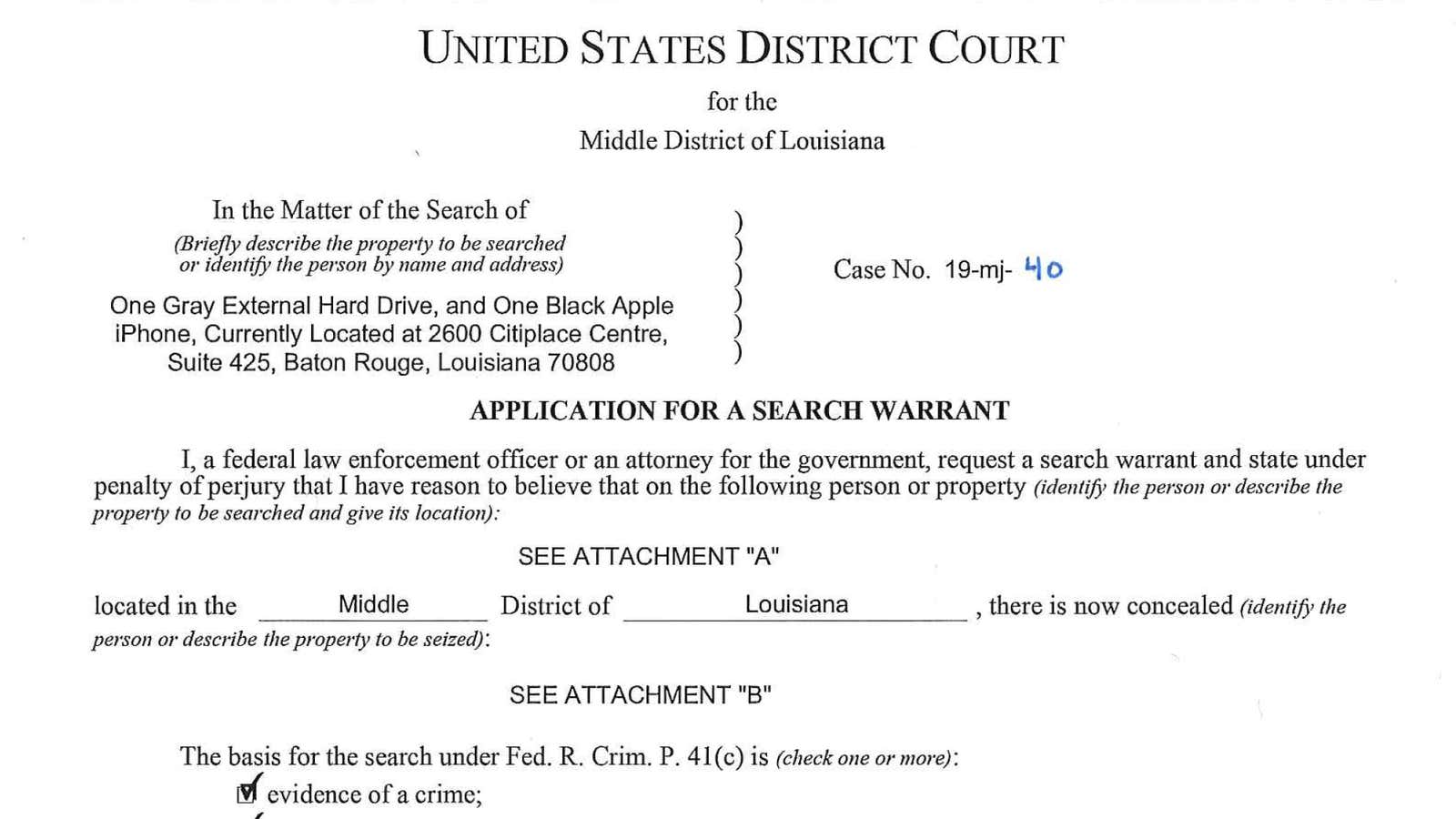 Page one of the application for a search warrant.
