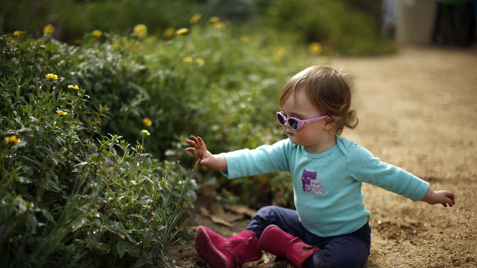 Fifteen-month-old Amelia Tompkins plays in the Pollinator Garden at the Natural History Museum in Los Angeles.