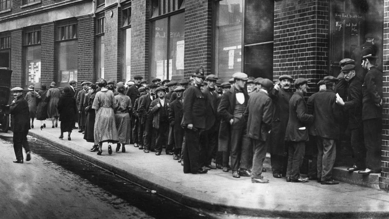 An unemployment line in 1924 England