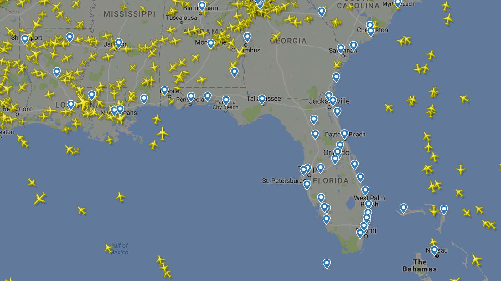 Flights over Florida as of Sunday evening