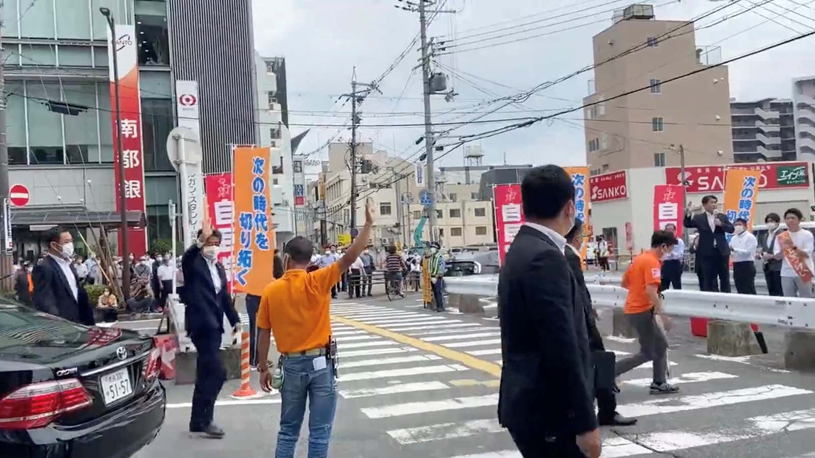 Former Japanese Prime Minister Shinzo Abe arrives for his speech in Nara, Japan, July 8, 2022, in this still image obtained from social media video. TWITTER @MAKICHANMAN37/via REUTERS  THIS IMAGE HAS BEEN SUPPLIED BY A THIRD PARTY. MANDATORY CREDIT. NO RESALES. NO ARCHIVES.