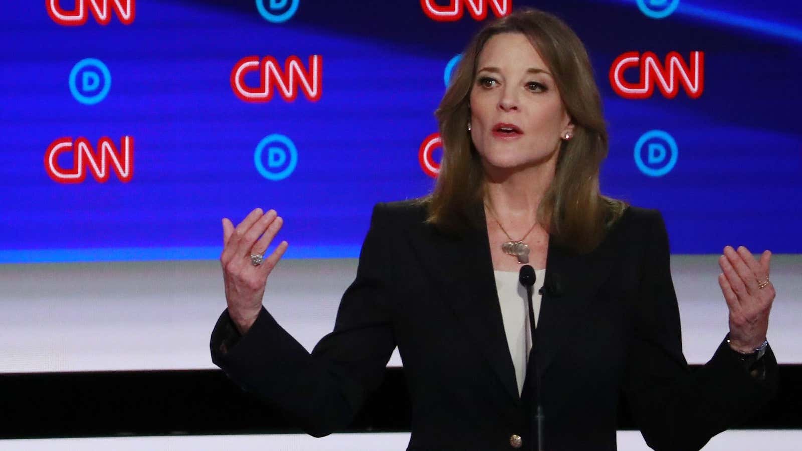 Author Marianne Williamson speaks on the first night of the second 2020 Democratic U.S. presidential debate in Detroit, Michigan, U.S., July 30, 2019. REUTERS/Lucas Jackson…