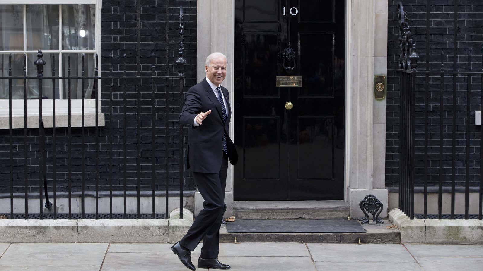 Then US vice president Joe Biden arrives in Downing Street in London on February 5, 2013.