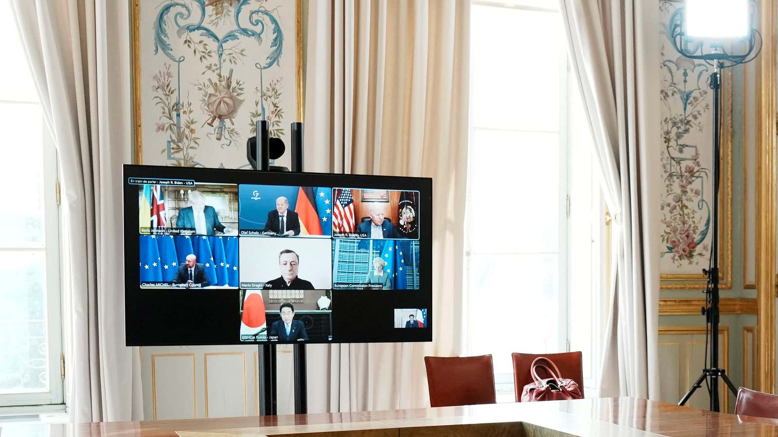 A general view of the video screen of G7 leaders during a video-conference on Ukraine at the Elysee Palace, in Paris.