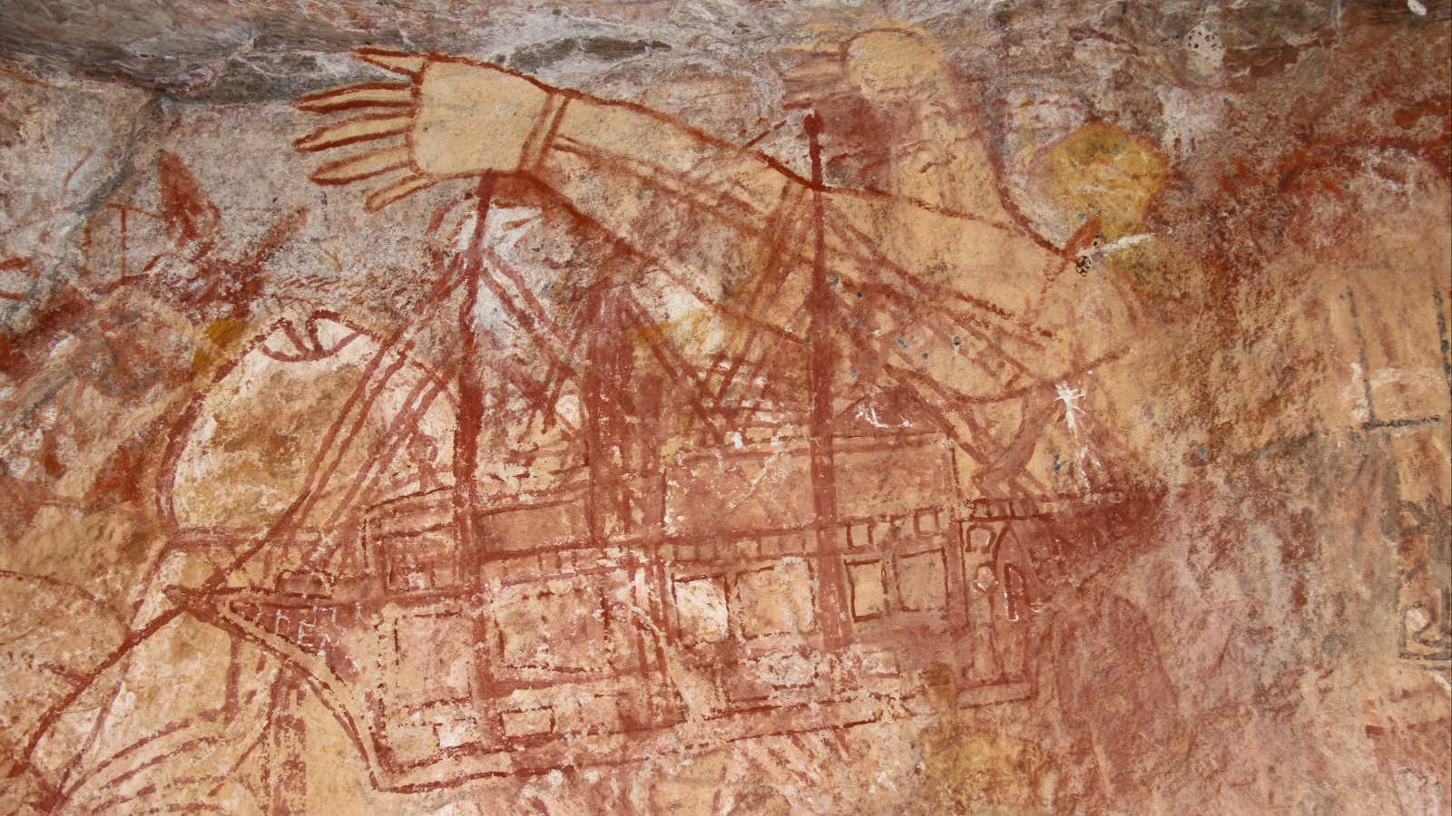 An aboriginal rock painting in Kakadu National Park of an early European ship.