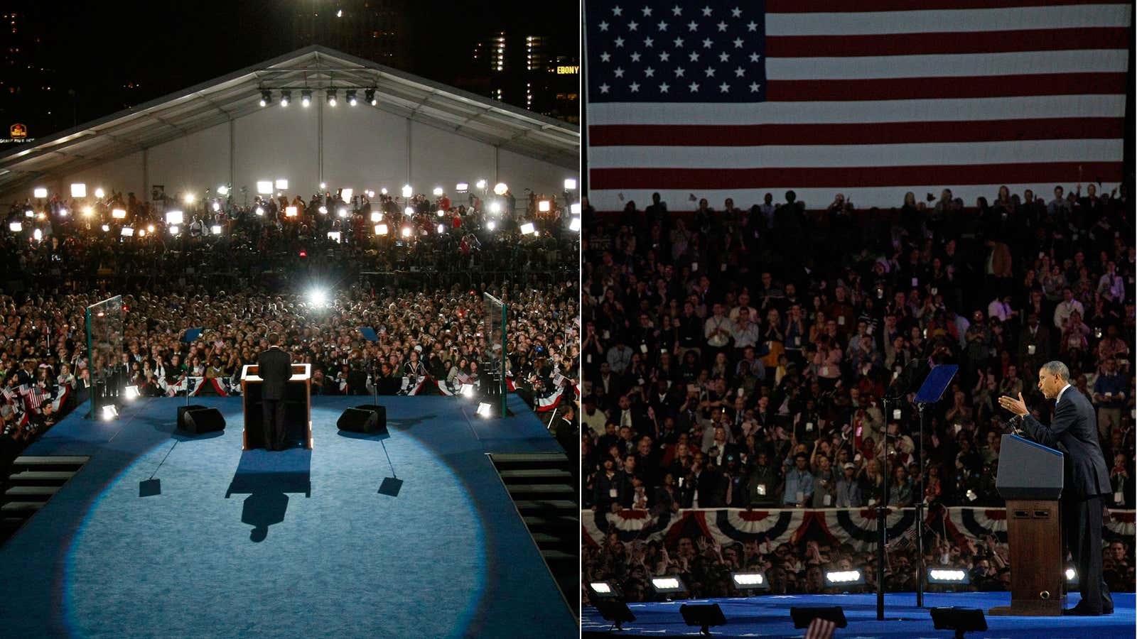 Obama giving his victory speech in 2008 and 2012