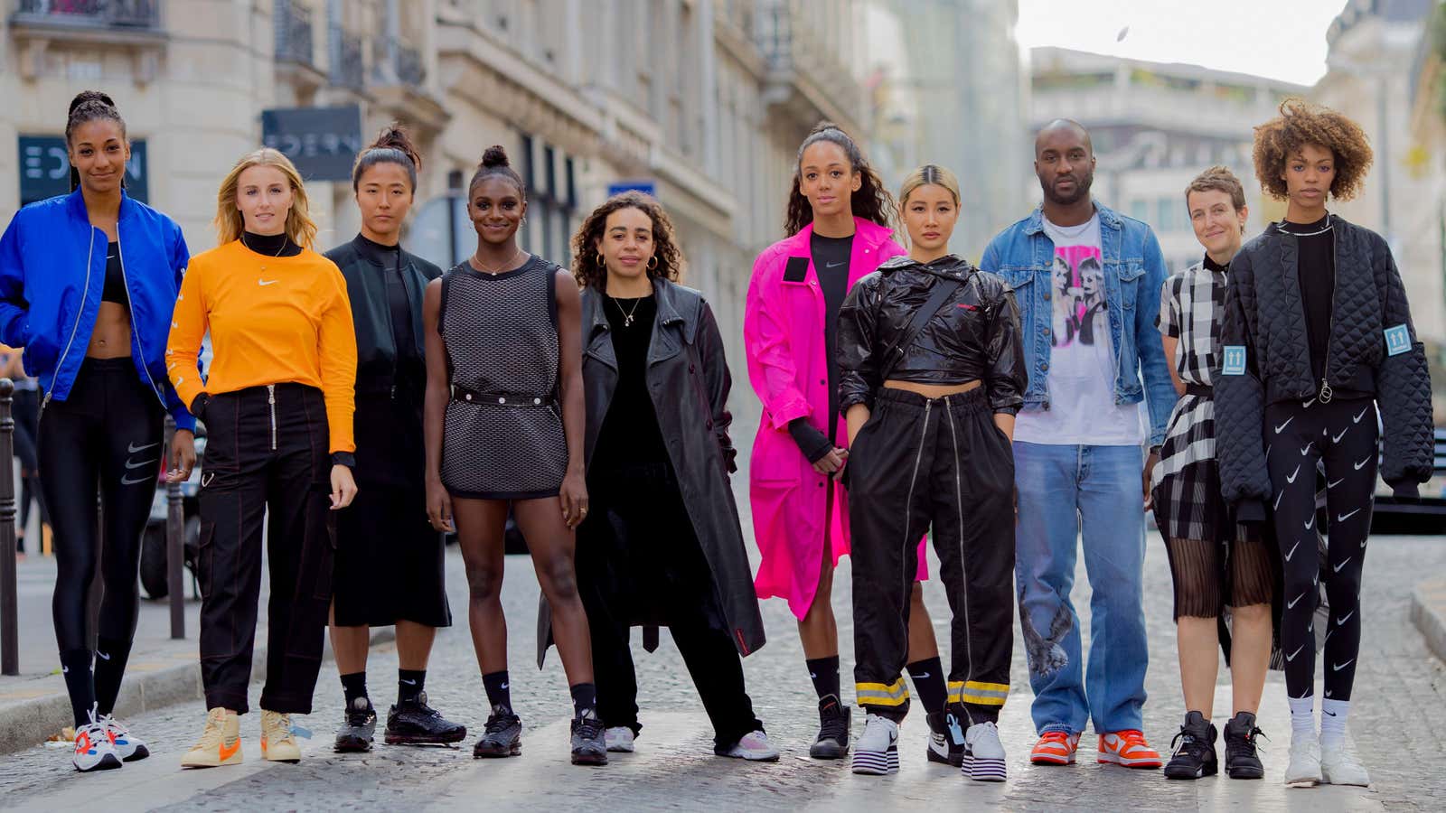 Sarah Andleman (second from right), Nike’s new global curator of Unlaced, stands alongside athletes and Nike collaborators after the Off-White show in Paris.