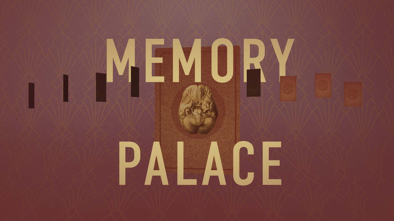A large card emblazoned with a brain sits on a burgundy background with the words “memory palace” in front of it.