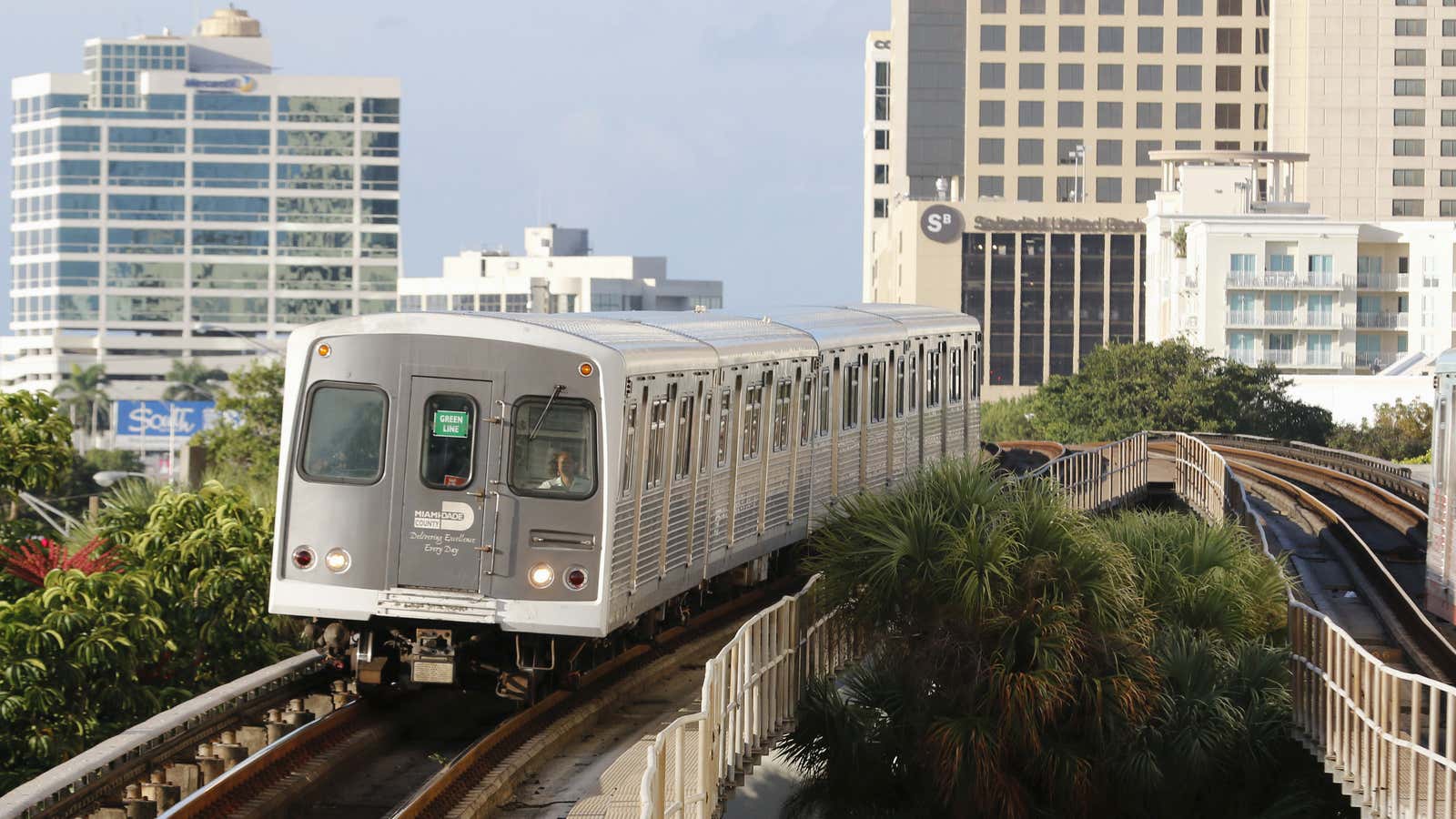 Miami’s Metrorail train rumbles between buildings and over treetops.