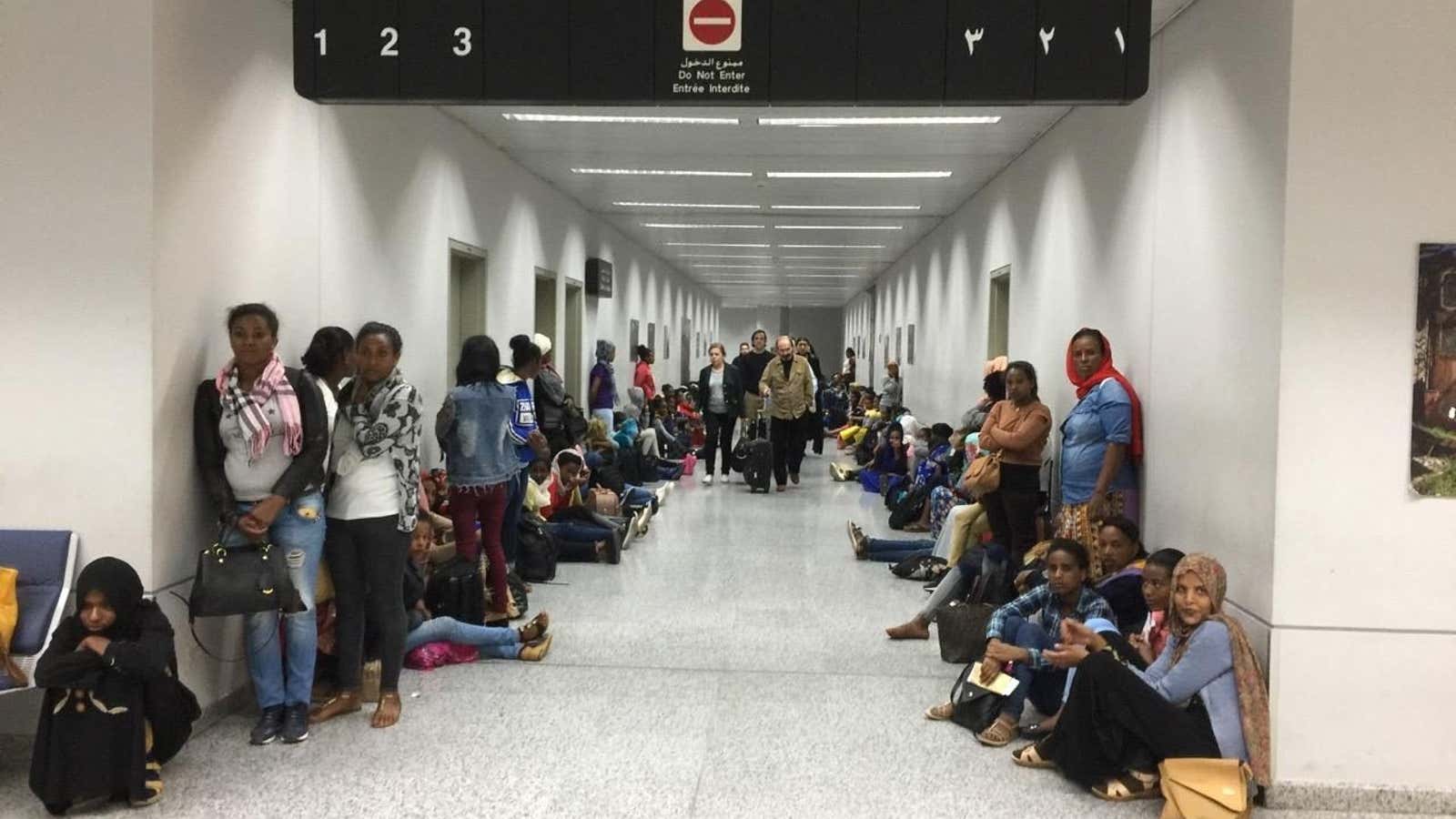 Ethiopian female workers trying to get back home but stranded at Beirut airport