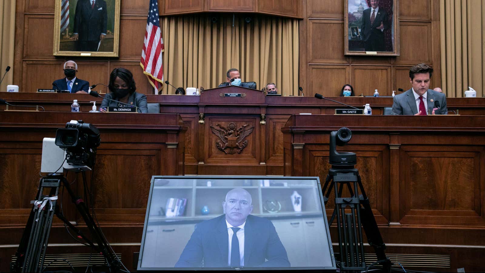 Amazon CEO Jeff Bezos speaks via video conference during a hearing of the House Judiciary Subcommittee on Antitrust, Commercial and Administrative Law.