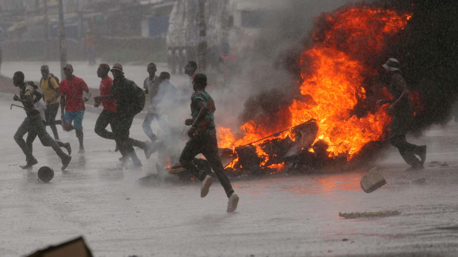 Barricades burn in Harare, Zimbabwe. The government blocked social media