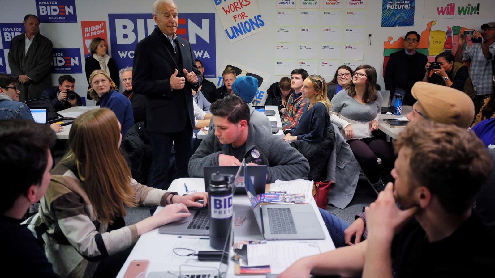 Volunteers making calls get a 👍 from Democratic candidate Joe Biden.