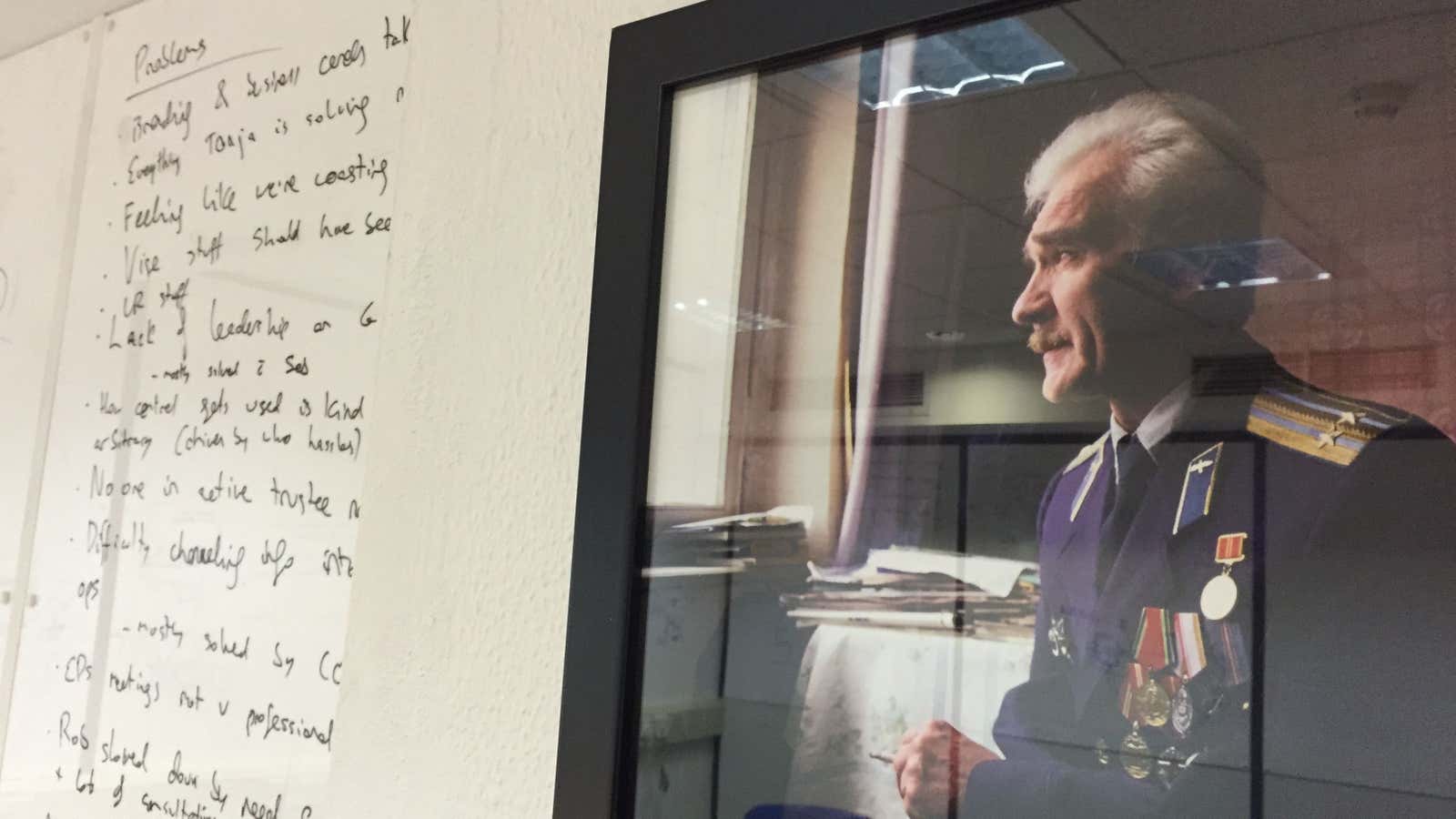 Stanislav Petrov watches over the Oxford researchers.