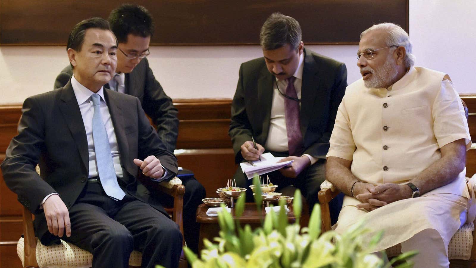 Chinese foreign minister Wang Yi with Indian prime minister Narendra Modi