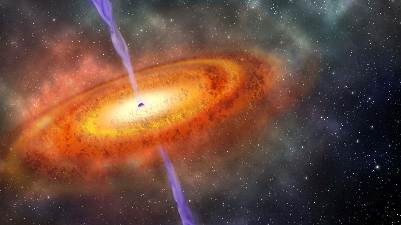 An illustration of a quasar, a system where luminous gas orbits a black hole. By studying quasars, scientists are trying to learn about the early days of the universe.