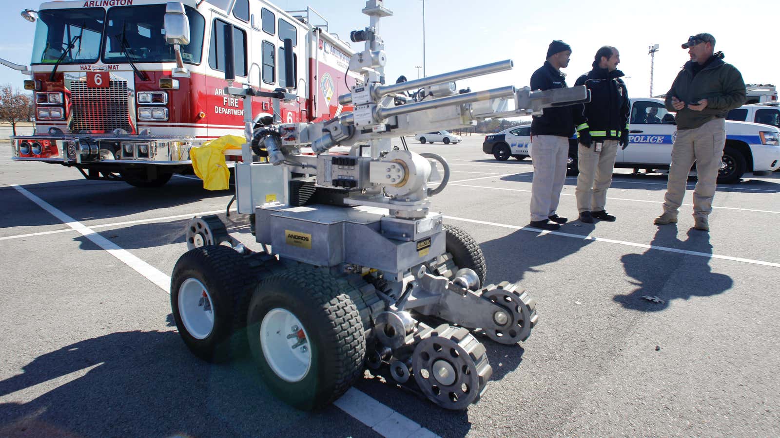 A typical bomb robot, this one used in 2011 in nearby Arlington, Texas during the Super Bowl.