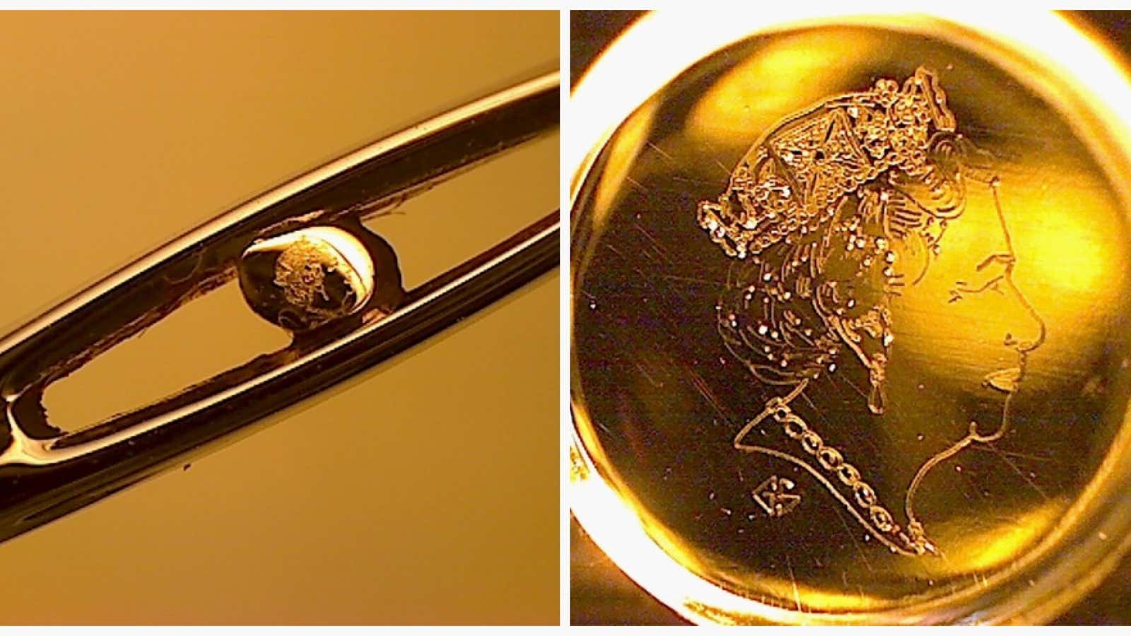 A portrait of Queen Elizabeth II, carved on a speck of gold framed in the eye of a needle.
