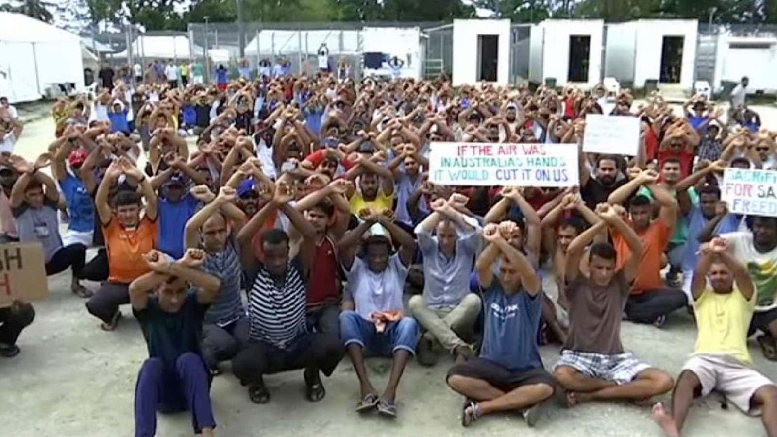 Refugees protest against Australia’s offshore detention policy on Manus Island, Papua New Guinea.