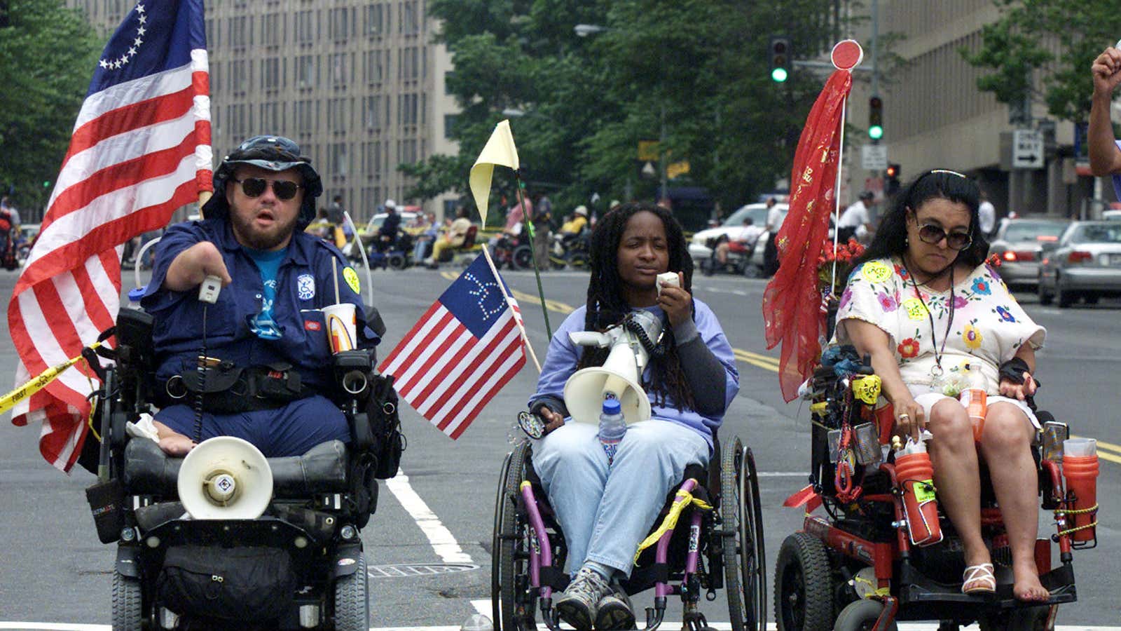 Anita Cameron (center) at an ADAPT protest in Washington, DC in 2002.