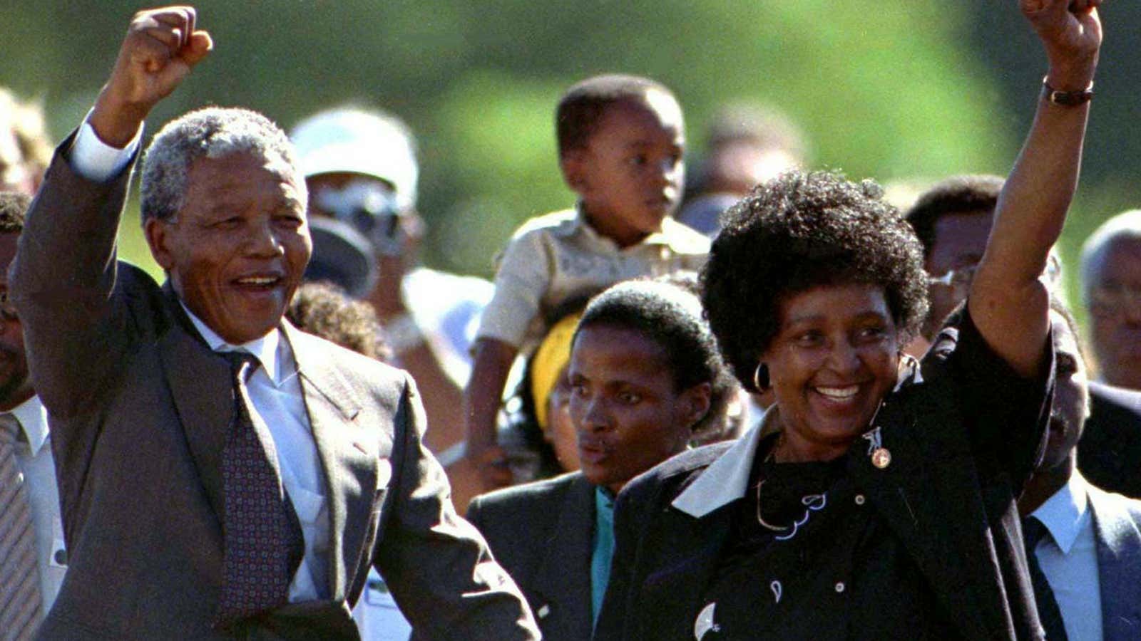 Nelson Mandela with his ex-wife, Winnie Mandela, after his release from prison in 1990