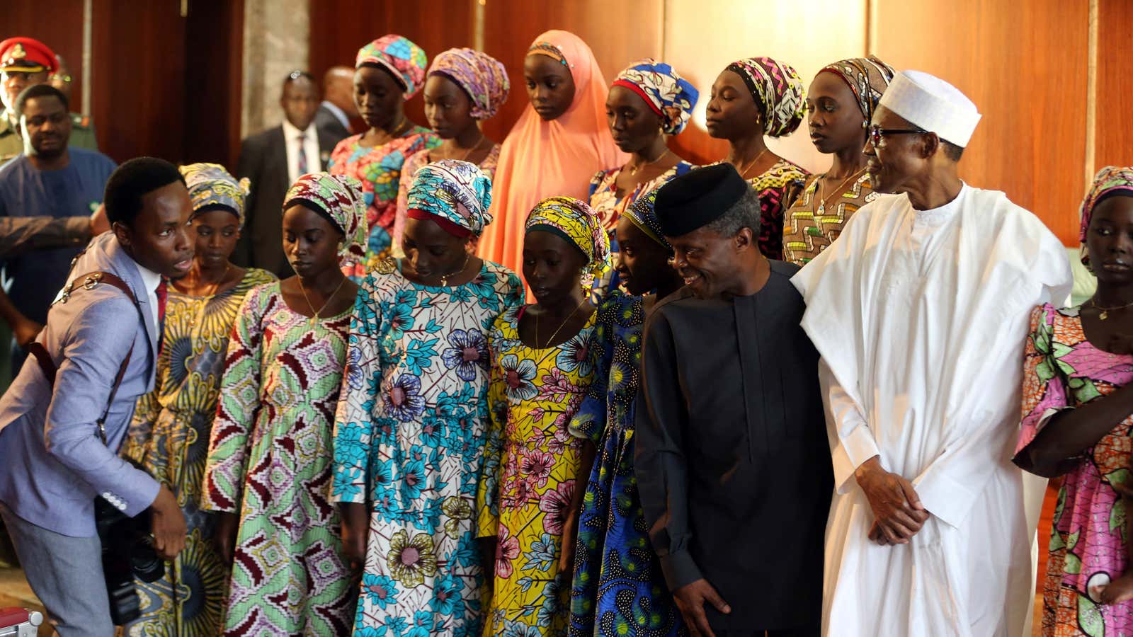 Nigeria’s President Buhari meets some of the rescued Chibok girls.