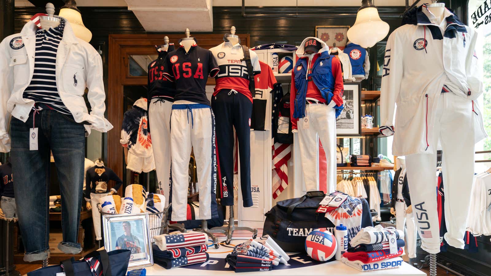 The official opening ceremony uniforms of the US Olympic team, designed by Ralph Lauren.