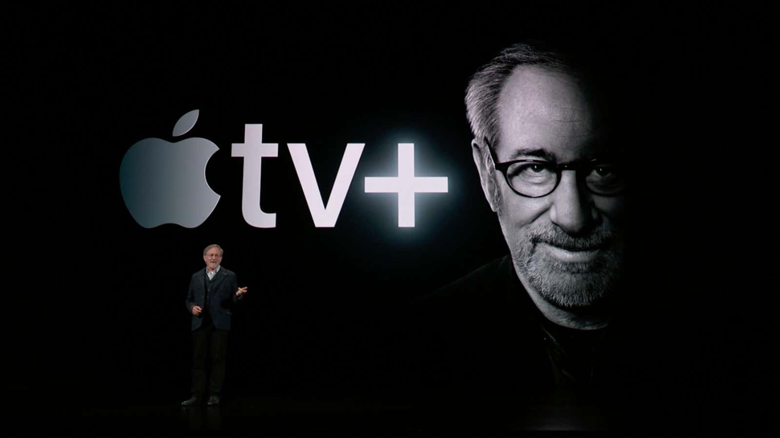 Director Steven Spielberg on stage at the Apple event.