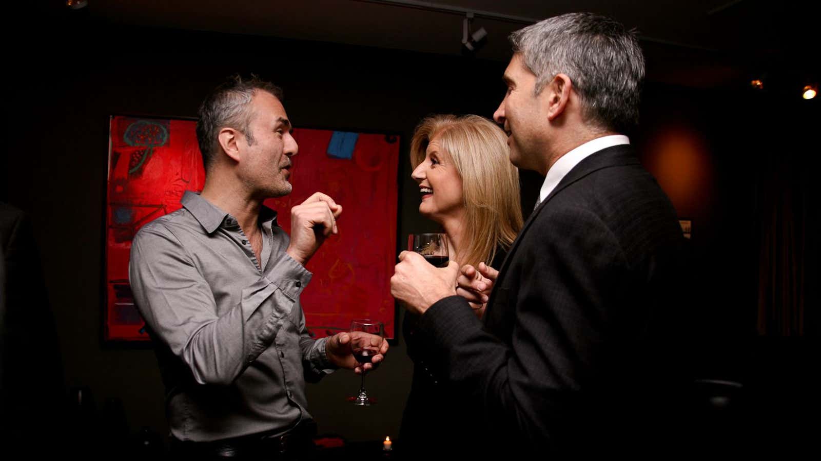 Gawker owner Nick Denton jokes with fellow media mogul Arianna Huffington in  2011.