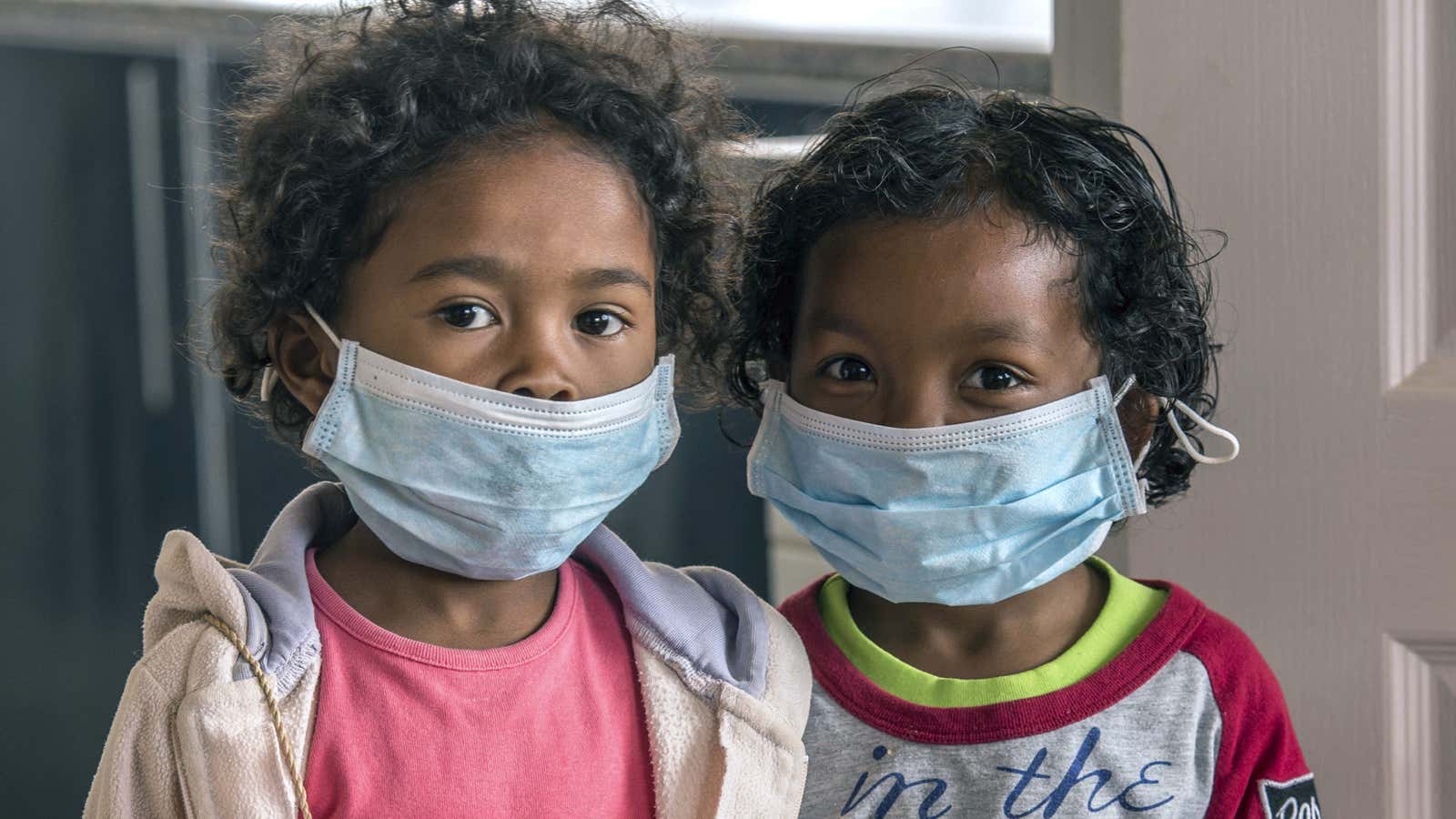 Children wear face masks at a school in Antananarivo, capital city of Madagascar.