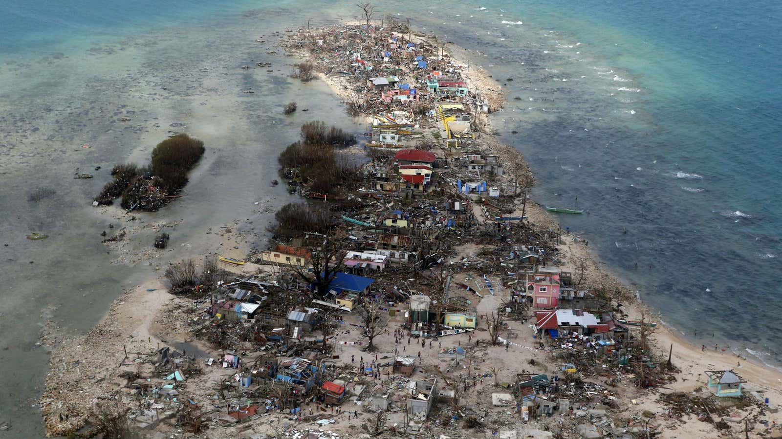 An aerial view of a coastal town, devastated by super Typhoon Haiyan, in Samar province in central Philippines.