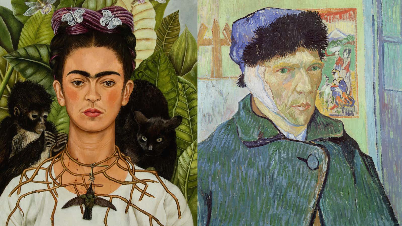 The original selfies: Frida Kahlo’s “Self-Portrait with Thorn Necklace and Hummingbird” (1940) and Van Gogh’s “Self-Portrait with Bandaged Ear” (1887–88).
