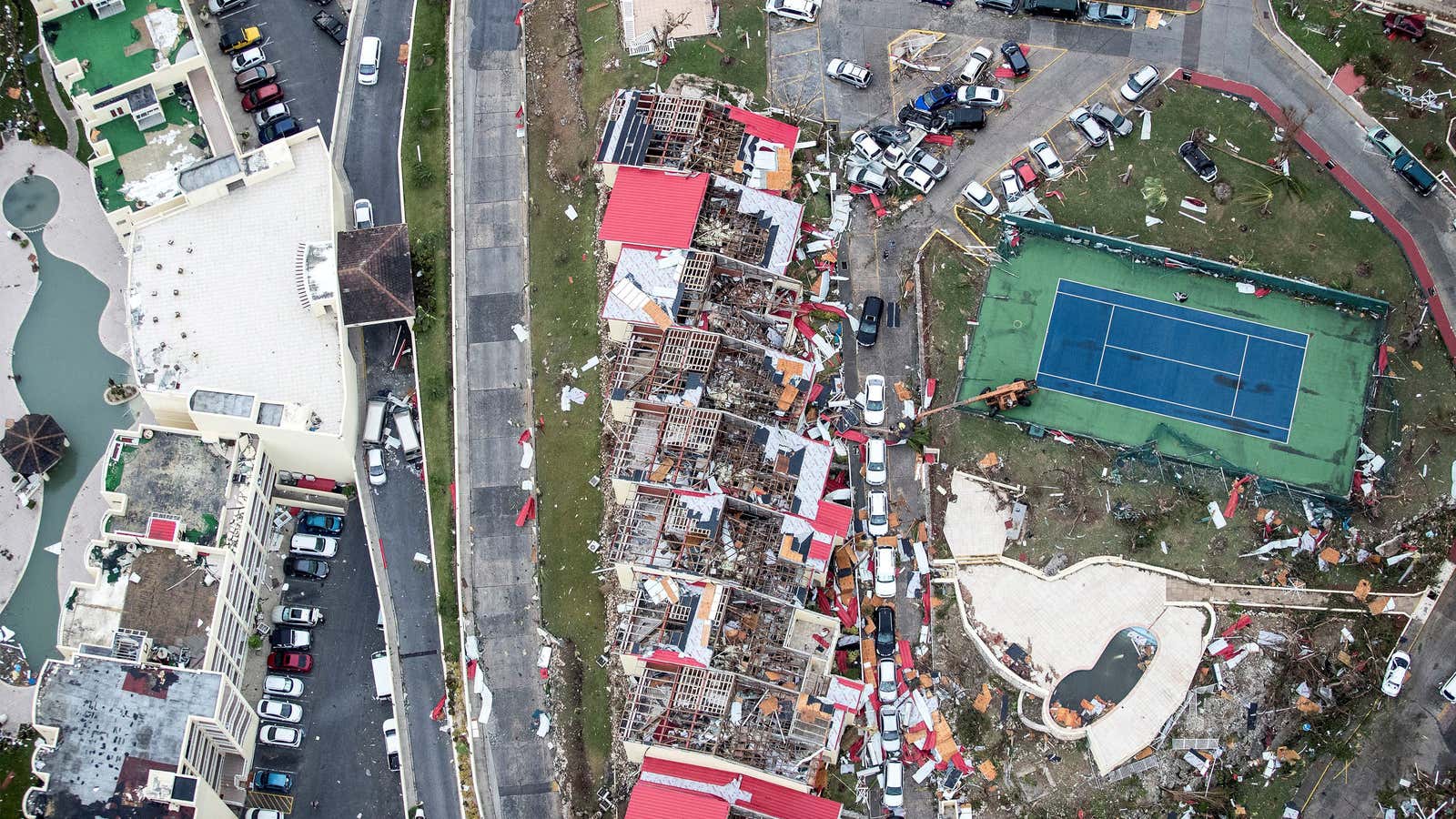 An aerial view of roofless structures in Sint Maarten, the Dutch side .