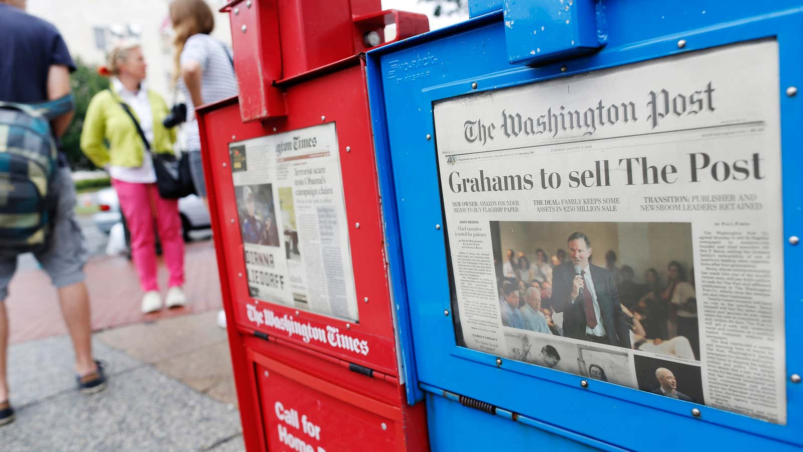 The Washington Post announces its own sale to Jeff Bezos of Amazon, on Aug. 6.