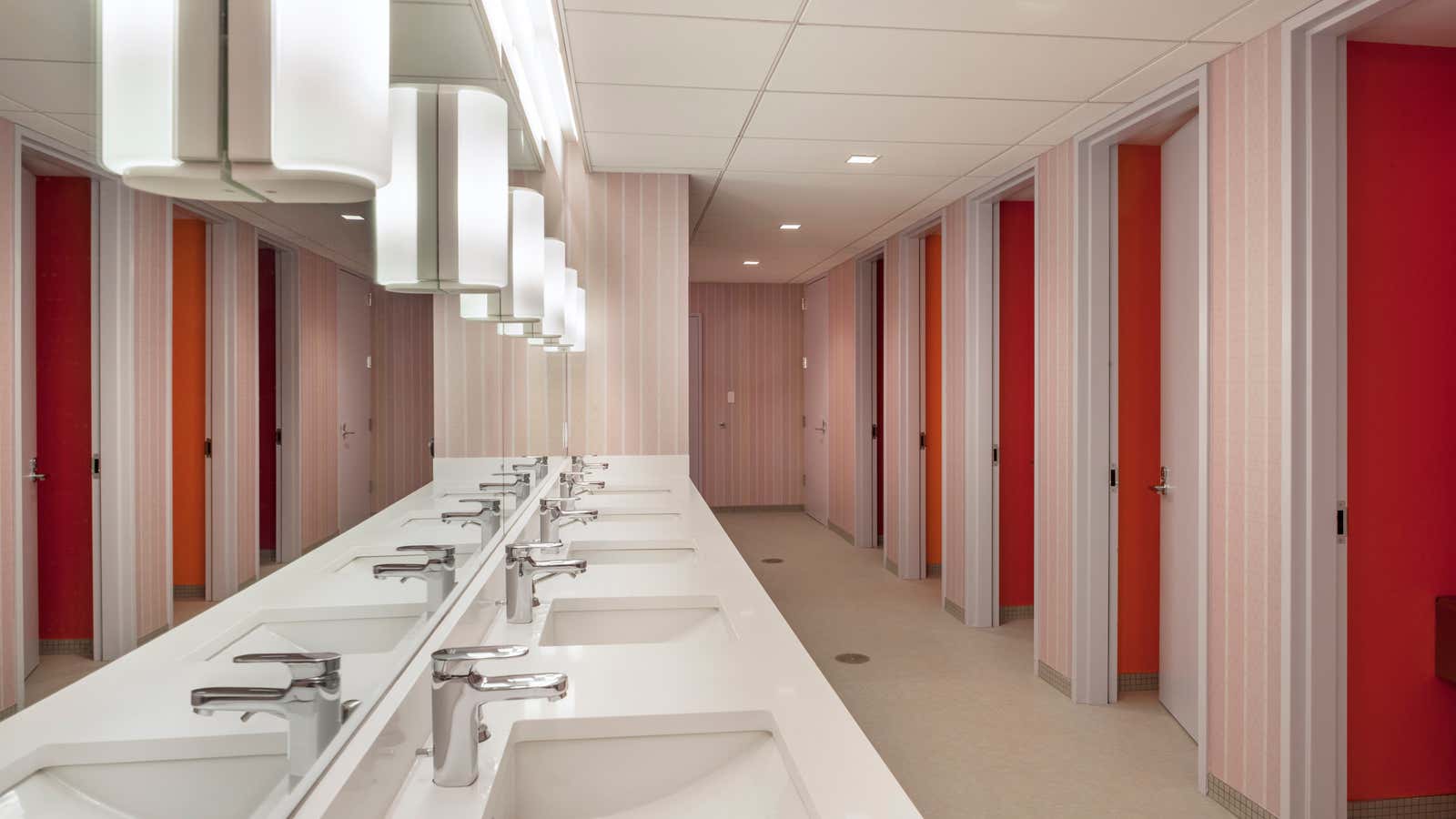 Gender-inclusive bathrooms at Congregation Beit Simchat Torah in New York City, designed by the Architecture Research Office.