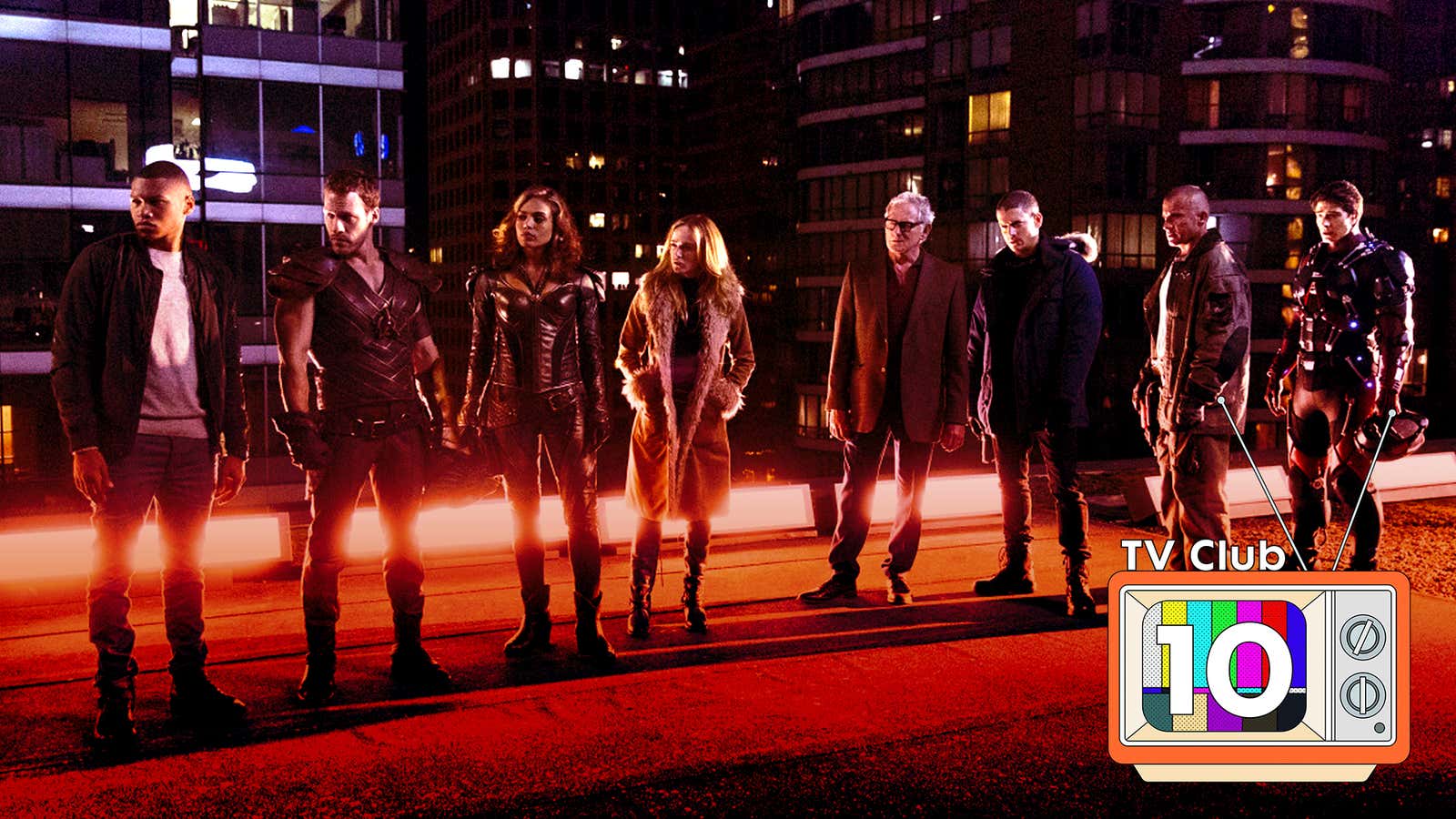 From left: Franz Drameh, Falk Hentschel, Ciara Renee, Caity Lotz, Victor Garber, Wentworth Miller, Dominic Purcell, and Brandon Routh in DC&#39;s Legends Of Tomorrow (Photo: Jeff Weddell/The CW)