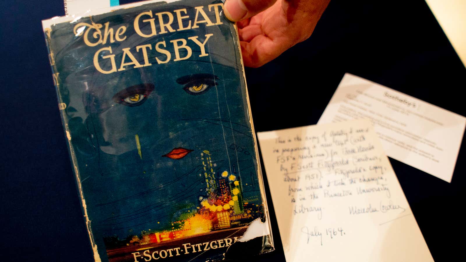 A copy of &quot;The Great Gatsby.&quot; by F. Scott Fitzgerald displayed at Sotheby&#39;s in New York.